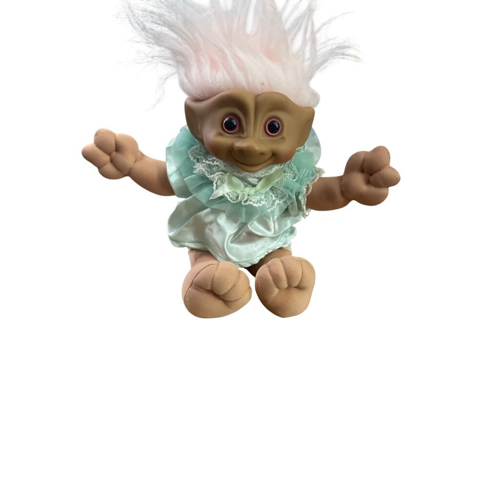 Vintage Treasure Troll Doll With Red Jewel Belly & White Hair In Satin Dress